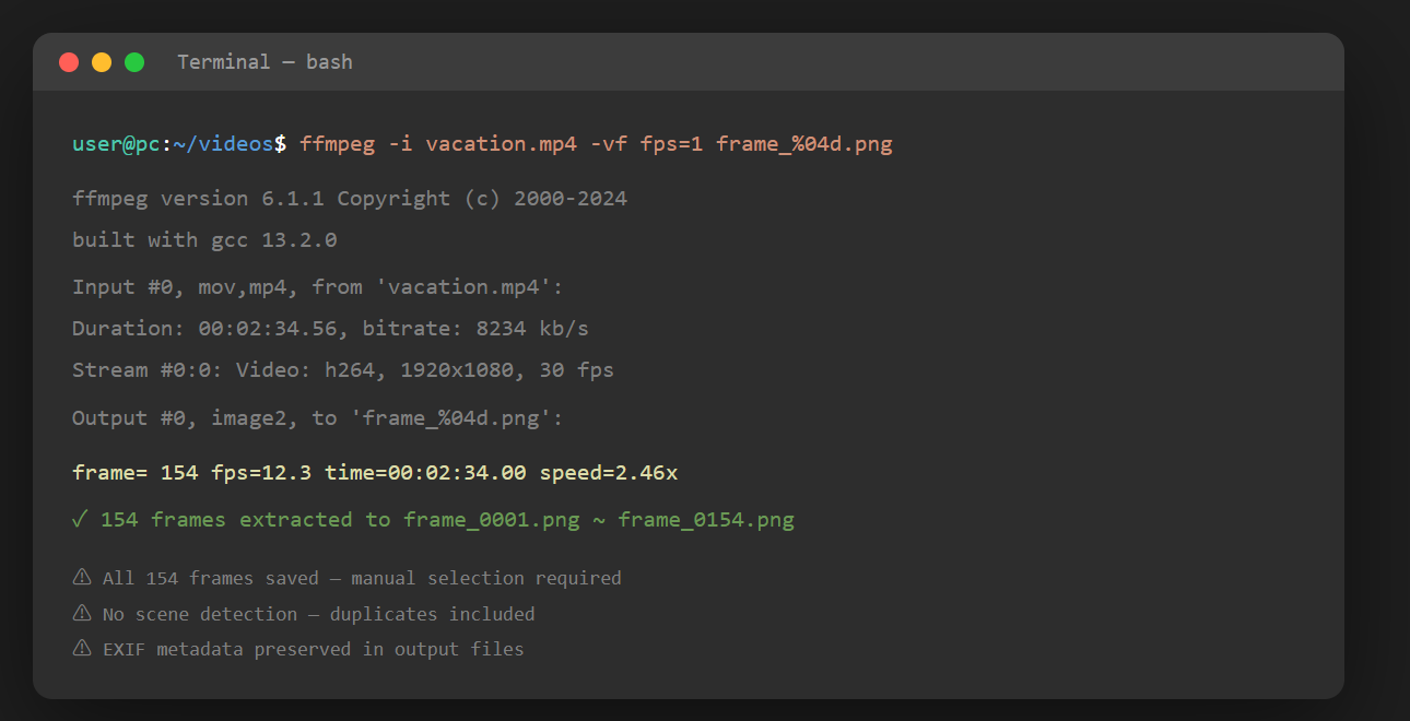 FFmpeg 터미널 명령어로 동영상에서 프레임을 추출하는 실행 화면 — ffmpeg -i video.mp4 -vf fps=1 frame_%04d.png