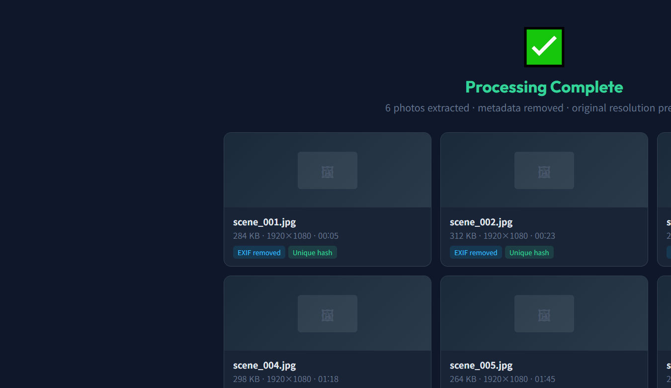 PixelFresh에서 추출된 6장의 사진 결과 화면 — EXIF 제거, 고유 해시 생성, ZIP 다운로드 버튼