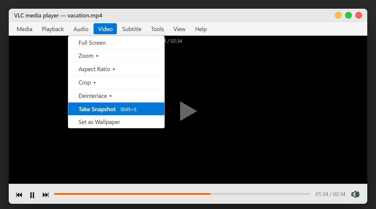 VLC 미디어 플레이어 Video 메뉴에서 Take Snapshot(Shift+S) 기능으로 프레임 캡처하는 화면